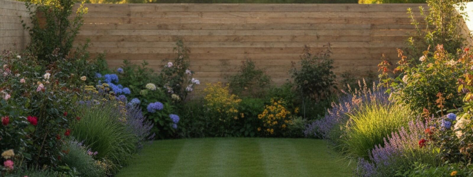 Deep perennial borders of roses, hydrangea and lavender running either side of a mown lawn, closed off by a cedar fence.