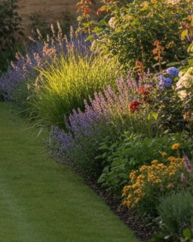 Lavender, rudbeckia and tall grasses in a mulched bed at the end of the day.